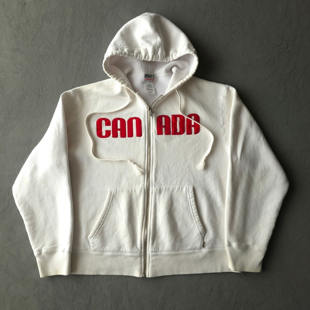 Vintage 2000s Roots Zip Up Hoodie XS White Canada Spellout Roots